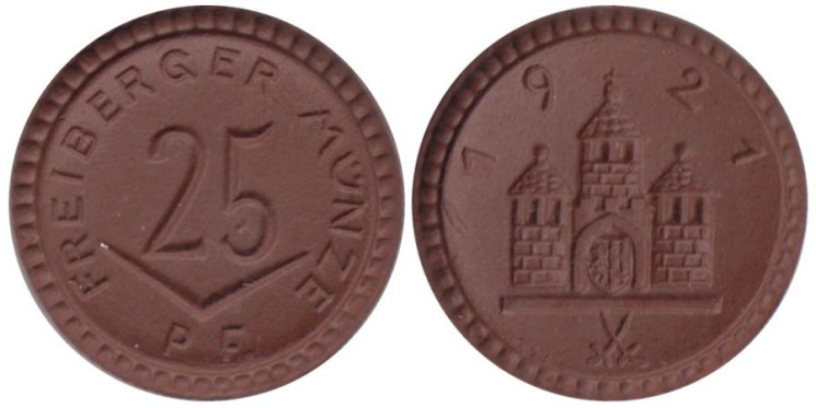  Германия. Фрайберг. 25 пфеннигов 1921 год. Нотгельд, керамика. 