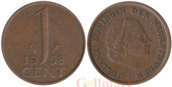 Нидерланды. 1 цент 1958 год. Королева Юлиана.