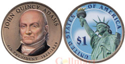 США. 1 доллар 2008 год. 6-й президент Джон Куинси Адамс (1825-1829). цветное покрытие.