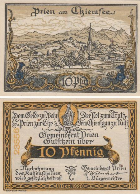  Бона. Германия. Прин-ам-Кимзее 10 пфеннигов 1920 год. Нотгельд. (XF) 