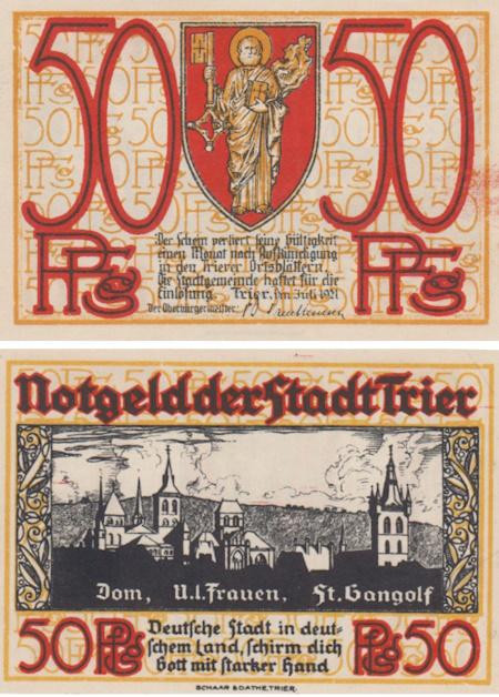  Бона. Германия. Трир 50 пфеннигов 1921 год (вариант 2). Нотгельд. (XF) 