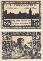 Бона. Германия. Падерборн 25 пфеннигов 1921 год. Старинный фахверковый дом и круглая башня. Нотгельд черный. (XF)