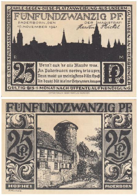  Бона. Германия. Падерборн 25 пфеннигов 1921 год. Старинный фахверковый дом и круглая башня. Нотгельд черный. (XF) 