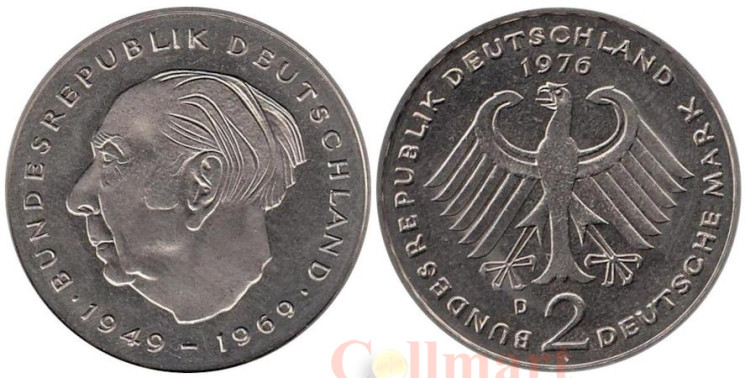  ФРГ. 2 марки 1976 год. Теодор Хойс, 20 лет Федеративной Республике (1949-1969). (D) 