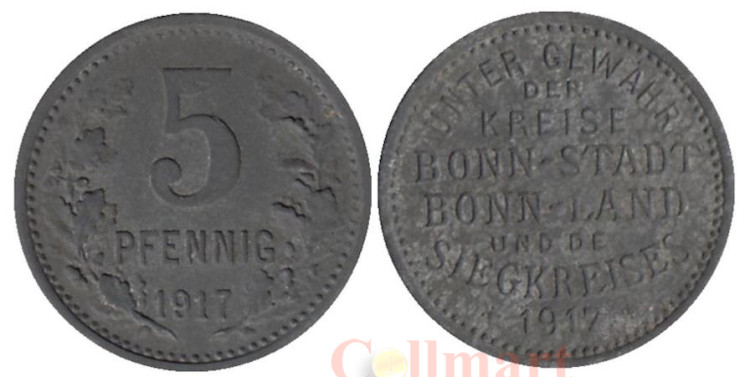  Германия. Бонн. 5 пфеннигов 1917 год. Дубовые ветки. Нотгельд. 