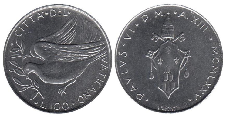  Ватикан. 100 лир 1975 год. Голубь. 