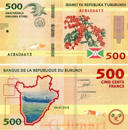  Бона. Бурунди 500 франков 2018 год. Кофейная ветвь. Контурная карта. (AU) 