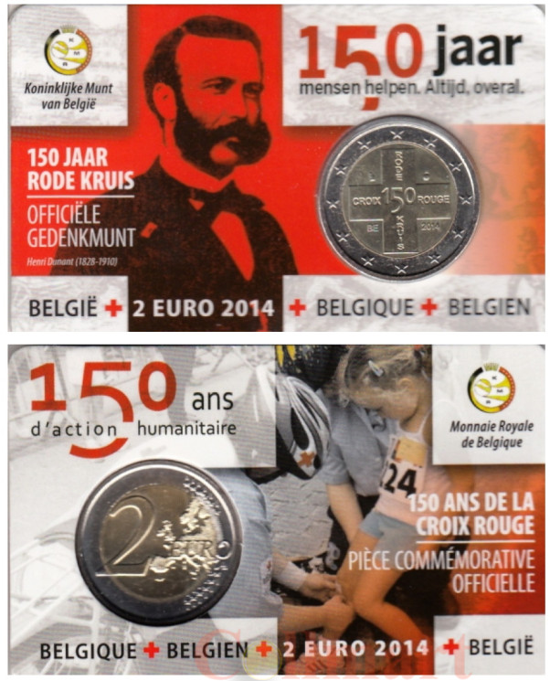  Бельгия. 2 евро 2014 год. 150 лет бельгийскому Красному кресту. 