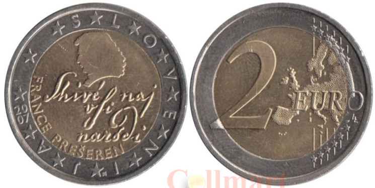  Словения. 2 евро 2007 год. Франце Прешерн. 