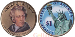 США. 1 доллар 2008 год. 7-й президент Эндрю Джексон (1829-1837). цветное покрытие.