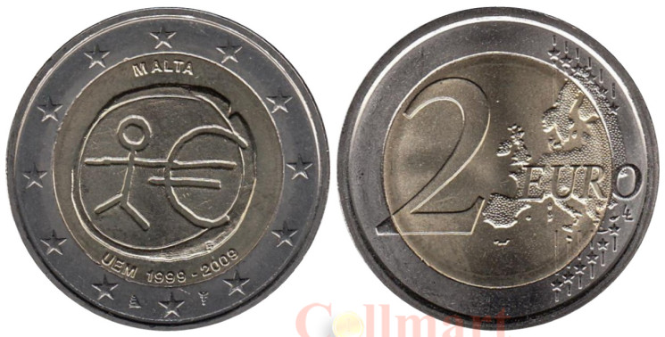  Мальта. 2 евро 2009 год. 10 лет монетарной политики ЕС (EMU) и введения евро. 