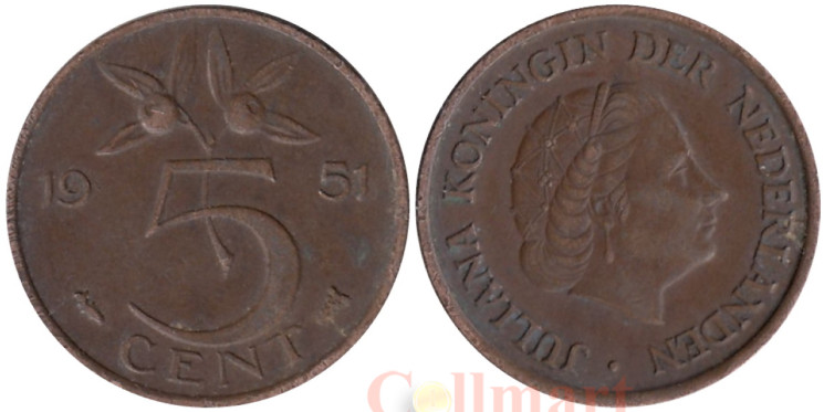  Нидерланды. 5 центов 1951 год. Королева Юлиана. 