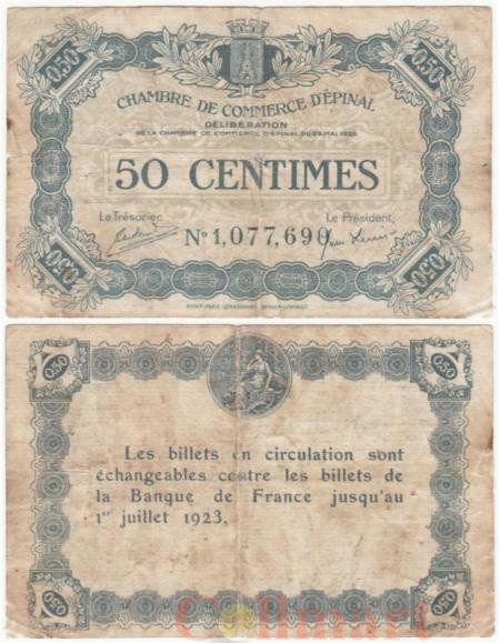  Бона. Франция (Торгово-Промышленная Палата). 50 сантимов 1920 год. Город Эпиналь, Департамент 88. (F-VG) 
