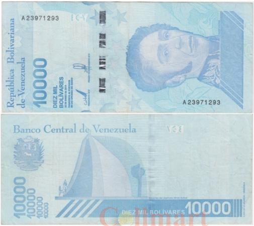  Бона. Венесуэла 10000 боливаров 2019 год. Симон Боливар. P-109a (F) 