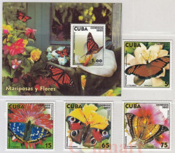 Почтовый блок + набор марок. Куба. Бабочки и цветы (2003).