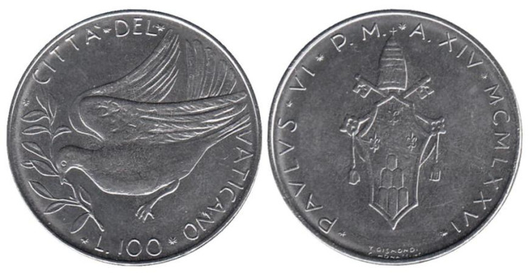  Ватикан. 100 лир 1976 год. Голубь. 