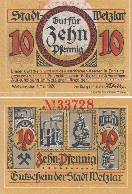  Бона. Германия. Вецлар 10 пфеннигов 1920 год. Нотгельд. (XF) 