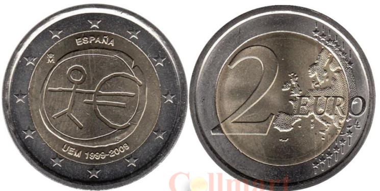  Испания. 2 евро 2009 год. 10 лет монетарной политики ЕС (EMU) и введения евро. 