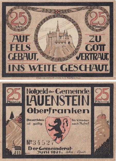  Бона. Германия. Лауэнштайн 25 пфеннигов 1921 год. Нотгельд. (XF) 