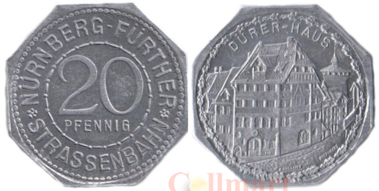  Германия. Нюрнберг-Фюртер. 20 пфеннигов без года выпуска. Дом-музей Дюрера. Нотгельд трамвайный. 