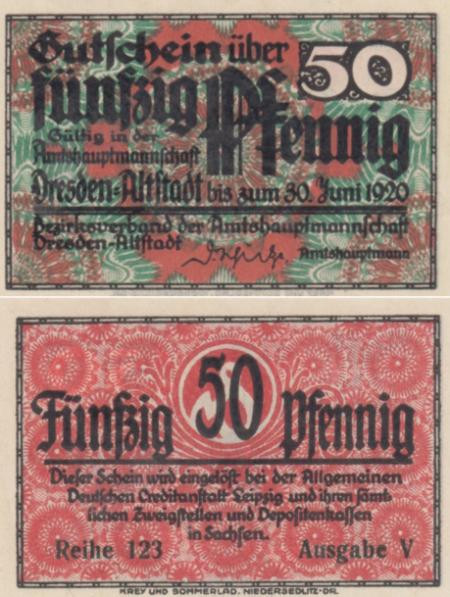  Бона. Германия. Дрезден - Альтштадт 50 пфеннигов 1920 год. Нотгельд. (XF) 