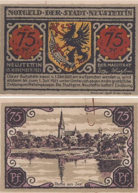  Бона. Германия (Польша). Нойштеттин (Щецинек) 75 пфеннигов 1921 год. Нотгельд. (XF) 