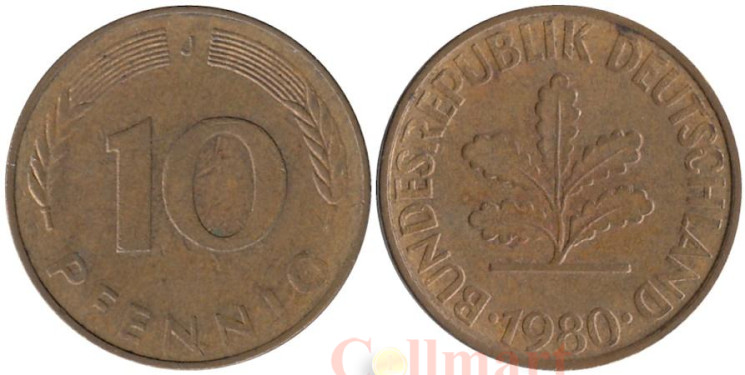  ФРГ. 10 пфеннигов 1980 год. (J) 