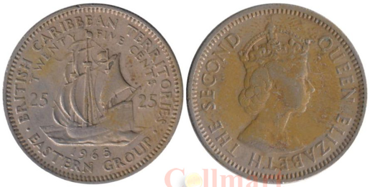  Восточные Карибы. 25 центов 1965 год. Галеон "Золотая лань". 