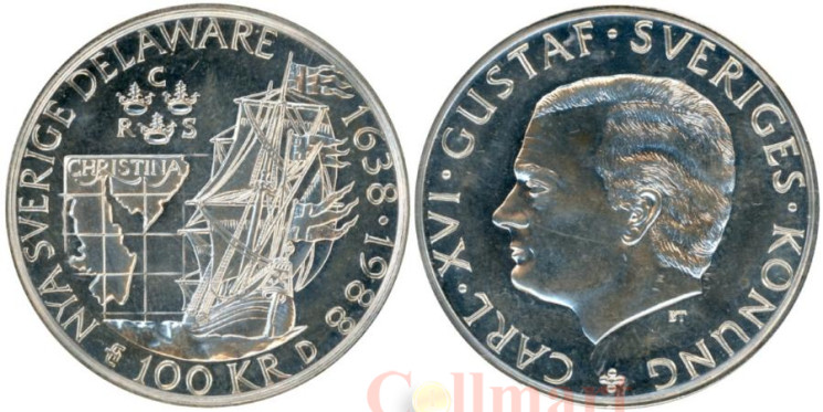  Швеция. 100 крон 1988 год. 350 лет Шведской колонии в Делавере. Парусник. 