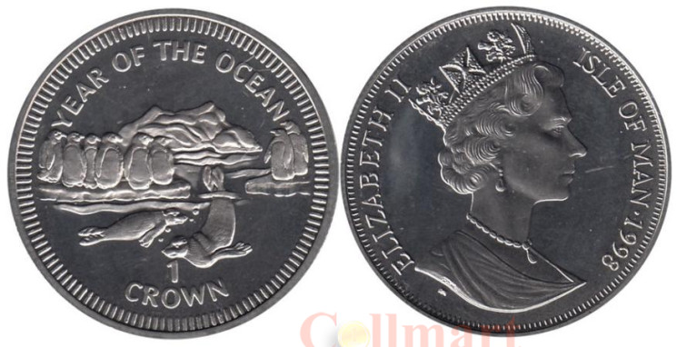  Остров Мэн. 1 крона 1998 год. Год океанов - пингвины и морские котики. 