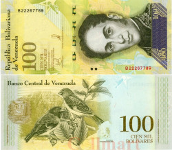 Бона. Венесуэла 100000 боливаров 2017 год. Симон Боливар. Огненные чижи. (Пресс)
