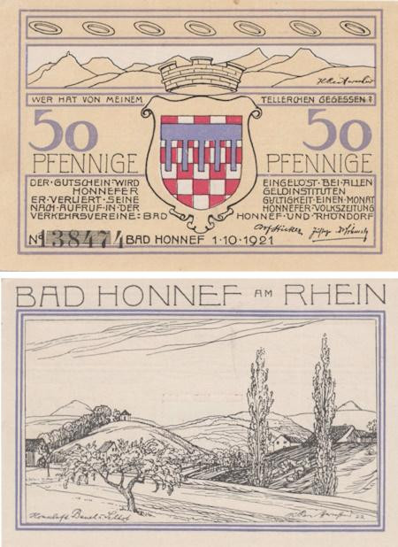  Бона. Германия. Бад-Хоннеф 50 пфеннигов 1921 год. Холмы. Нотгельд. (XF) 