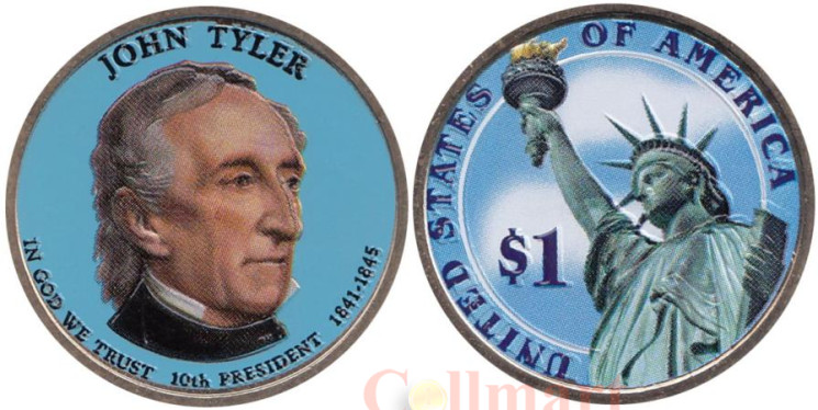  США. 1 доллар 2009 год. 10-й президент Джон Тайлер (1841-1845). цветное покрытие. 