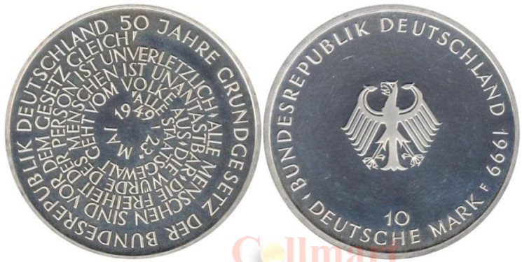  Германия (ФРГ). 10 марок 1999 год. 50 лет Немецкой Конституции. (D) (Proof) 