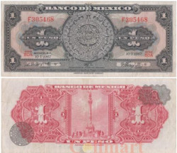 Бона. Мексика 1 песо 1967 год. Ацтекский календарь. P-59j.1 (VF)