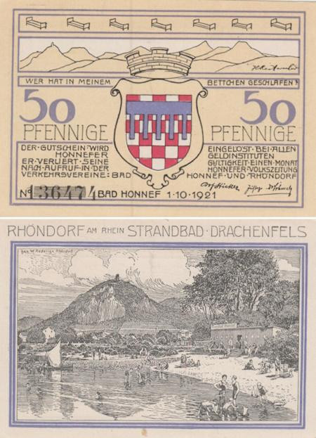  Бона. Германия. Бад-Хоннеф 50 пфеннигов 1921 год. Пляж. Нотгельд. (XF) 