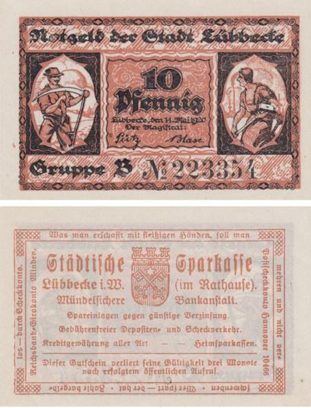  Бона. Германия. Люббекке 10 пфеннигов 1920 год. Нотгельд. (XF) 
