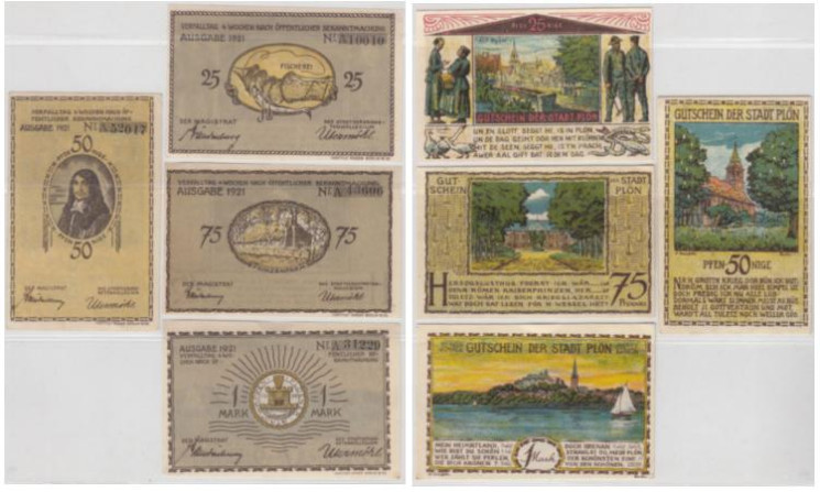  Набор банкнот. Германия. Плён 25, 50, 75 пфеннигов, 1 марка 1921 год. Нотгельды, 4 штуки. (XF) 