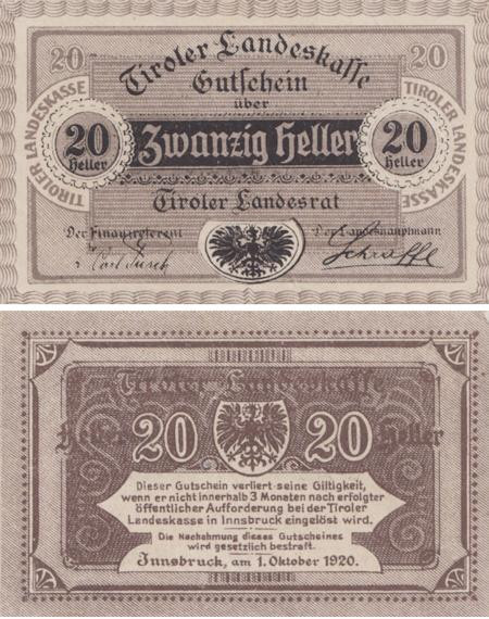  Бона. Австрия. Инсбрук 20 геллеров 1920 год. Нотгельд. (XF) 