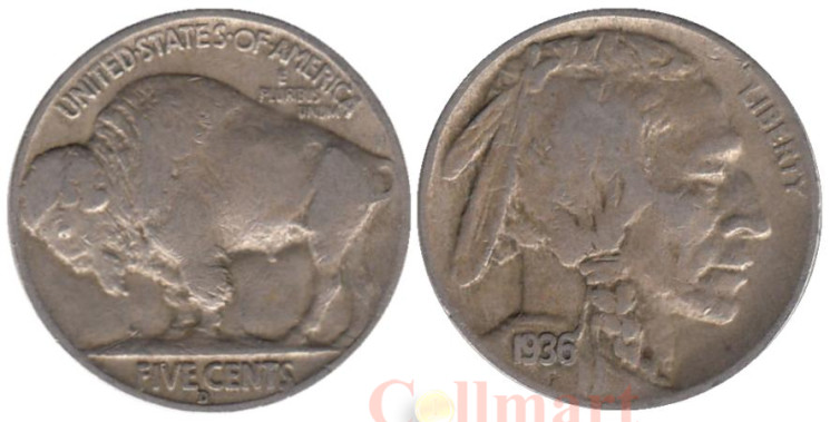  США. 5 центов 1936 год. Индеец. Бизон. (D) 