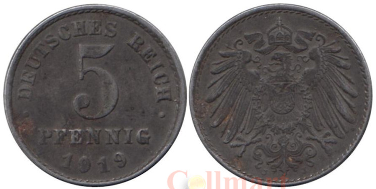 Германская империя. 5 пфеннигов 1919 год. (J) 