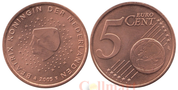  Нидерланды. 5 евроцентов 2005 год. Портрет королевы Беатрикс в профиль. 