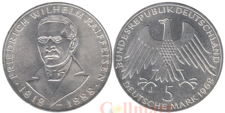  ФРГ. 5 марок 1968 год. 150 лет со дня рождения Фридриха Вильгельма Райффейсена. 