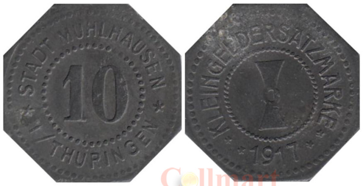  Германия. Мюльхаузен. 10 пфеннигов 1917 год. Нотгельд, 8-угольник. 