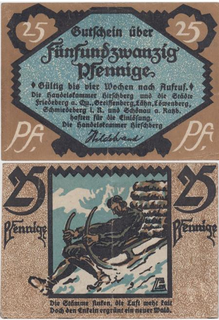  Бона. Германия / Польша. Хиршберг (Еленя-Гура) 25 пфеннигов 1921 год. Нотгельд. (VF) 