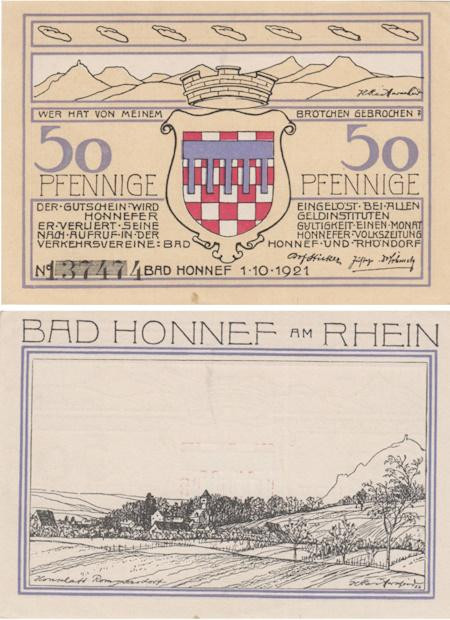  Бона. Германия. Бад-Хоннеф 50 пфеннигов 1921 год. Сельский пейзаж. Нотгельд. (XF) 