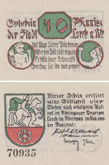  Бона. Германия. Лорх (Райнгау) 10 пфеннигов 1920 год. Нотгельд. (XF) 