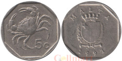 Мальта. 5 центов 1991 год. Краб.