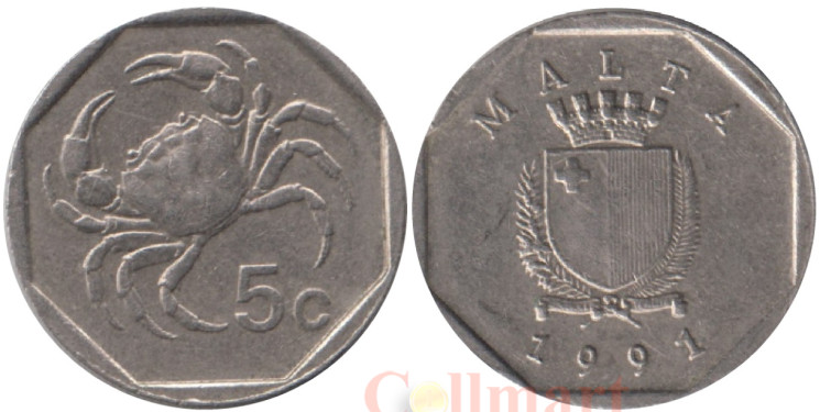  Мальта. 5 центов 1991 год. Краб. 
