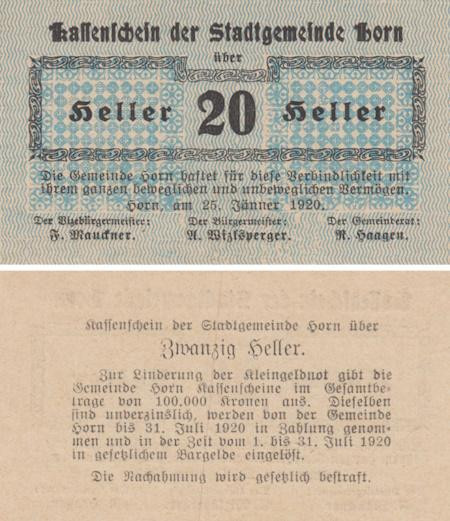  Бона. Австрия. Хорн 20 геллеров 1920 год. Нотгельд. (XF) 